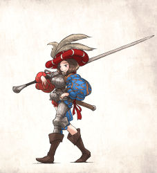Rule 34 | 1girl, armor, blue eyes, boots, breastplate, brown footwear, brown hair, closed mouth, codpiece, commentary, english commentary, from side, full body, greaves, hat, highres, holding, holding sword, holding weapon, ironlily, jitome, landsknecht, landsknecht (ironlily), long sleeves, original, puffy long sleeves, puffy sleeves, sheath, short hair, simple background, single greave, smile, solo, sword, walking, weapon, zweihander
