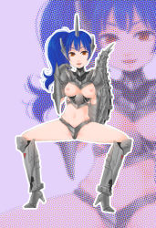 Rule 34 | 1girl, arm at side, blue hair, breasts, brown eyes, cyborg, dotted background, ear protection, eyebrows hidden by hair, female focus, godzilla (series), godzilla against mechagodzilla, hand on own shoulder, hand up, head tilt, high heels, highres, japan self-defense force, kaijuu, kiryu (godzilla), legs, long hair, machinery, mecha, mechagodzilla, medium breasts, military, monster girl, mutsuki, navel, nose, open clothes, open mouth, personification, ponytail, purple background, pussy, pussy peek, robot, robot girl, solo, squatting, tagme, tail, thighs, toho, tongue, visor, weapon