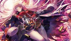 Rule 34 | 1girl, absurdly long hair, bandage over one eye, black skirt, breasts, breasts apart, cartridge, fate/grand order, fate (series), firing at viewer, floating hair, florence nightingale (fate), florence nightingale (third ascension) (fate), from below, gloves, gun, highres, holding, holding gun, holding weapon, large breasts, lens flare, long hair, military, military uniform, miniskirt, pantyhose, pink hair, pleated skirt, red eyes, skirt, solo, standing, terai (teraimorimori), uniform, very long hair, weapon, white gloves, white pantyhose