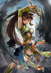 Rule 34 | 1girl, :d, absurdres, arm up, breasts, brown hair, cleavage, detace, detached sleeves, highres, holding, holding sheath, holding sword, holding weapon, leg up, ling si, long hair, medium breasts, midriff, open mouth, original, red eyes, sheath, smile, solo, sword, unsheathed, very long hair, weapon