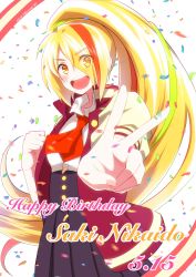 Rule 34 | artist request, blonde hair, commentary request, confetti, green hair, hair over one eye, happy birthday, high-waist skirt, high ponytail, highres, jacket, letterman jacket, long hair, long skirt, looking at viewer, multicolored hair, nikaidou saki, open clothes, open jacket, open mouth, orange hair, skirt, solo, streaked hair, upper body, v, white background, zombie land saga