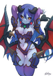 Rule 34 | 1girl, arms behind head, arpeggio kaga, astaroth (shinrabanshou), black horns, black sclera, blue hair, blue skin, closed mouth, clothing cutout, colored sclera, colored skin, commentary request, demon girl, demon tail, demon wings, earrings, hair between eyes, heart, heart earrings, highres, horns, jewelry, long hair, looking at viewer, navel, navel cutout, shinrabanshou, simple background, smile, solo, tail, white background, wings, yellow eyes