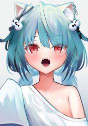 Rule 34 | 1girl, ahoge, alternate costume, animal ear fluff, animal ears, bad id, bad pixiv id, blurry, blush, cat ears, cat girl, chromatic aberration, depth of field, earrings, eyelashes, fangs, flat chest, ghost earrings, green hair, hair ornament, highres, hololive, jewelry, looking at viewer, low twintails, off shoulder, open mouth, oversized clothes, pom pom (clothes), red eyes, shirt, short hair, simple background, skull hair ornament, solo, t-shirt, twintails, upper body, uruha rushia, virtual youtuber, white background, white shirt, yuzuno kaori