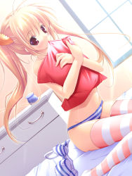 Rule 34 | 1girl, blonde hair, blue bra, blue panties, bra, drawer, duthcjs, highres, hugging object, mikeou, panties, pillow, pillow hug, pink thighhighs, red eyes, sitting, solo, striped bra, striped clothes, striped panties, striped thighhighs, thighhighs, underwear, underwear only, unworn bra, wariza