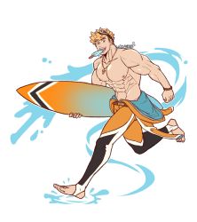 Rule 34 | 1boy, abs, alternate pectoral size, artist name, bara, bare pectorals, black wetsuit, blonde hair, bodysuit, diving suit, food, full body, goggles, goggles on head, granblue fantasy, highres, holding, holding surfboard, ice cream, jewelry, large pectorals, looking at viewer, male focus, mouth hold, muscular, muscular male, navel, necklace, nipples, oneirio, open wetsuit, pectorals, running, short hair, skin tight, solo, stomach, surfboard, vane (granblue fantasy), wetsuit