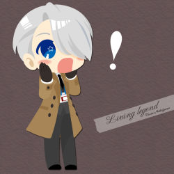 Rule 34 | !, 1boy, black gloves, blue eyes, blush stickers, character name, coat, english text, formal, gloves, hair over one eye, hands on own cheeks, hands on own face, highres, kaorin minogue, lanyard, male focus, necktie, open mouth, silver hair, star-shaped pupils, star (symbol), suit, symbol-shaped pupils, viktor nikiforov, yuri!!! on ice