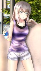 Rule 34 | 1girl, :o, blue eyes, bottle, commentary, cowboy shot, day, dolphin shorts, girls und panzer, half-closed eyes, highres, holding, holding bottle, itsumi erika, looking at viewer, medium hair, outdoors, parted lips, plant, purple shirt, redbaron, shade, shirt, short shorts, shorts, silver hair, solo, sportswear, standing, sweat, tank top, water bottle, white shorts