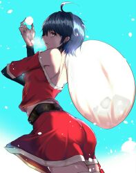Rule 34 | 1girl, ahoge, arm up, ass, back, bare shoulders, belt, black belt, black survival, blue eyes, blue hair, breath, commentary, commentary request, dark blue hair, gradient background, highres, holding, holding sack, holding snowball, long sleeves, looking at viewer, looking back, mametei, midriff, parted lips, sack, santa costume, short hair, shoulder blades, silvia piquet, skirt, snowball, snowing, solo