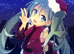 Rule 34 | 1girl, :3, aqua eyes, aqua hair, city, collar, covered erect nipples, detached sleeves, dress, frilled dress, frills, hat, hatsune miku, long hair, necktie, night, open mouth, red dress, red necktie, ryuuga sazanami, santa hat, skyline, smile, snowing, solo, spring onion, twintails, vocaloid