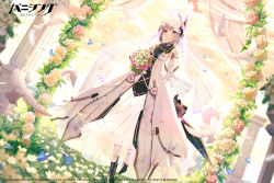 Rule 34 | 1girl, bare shoulders, bird, blush, breasts, bridal veil, bride, closed mouth, dress, elbow gloves, eyebrows, flower, gloves, hair ornament, highres, holding, holding flower, liv (punishing: gray raven), looking at viewer, official art, pink eyes, punishing: gray raven, rosuuri, short hair, smile, standing, veil, wedding, wedding dress, white gloves, white hair