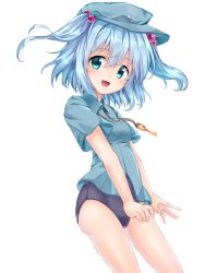 Rule 34 | 1girl, blue eyes, blue hair, blue one-piece swimsuit, blue shirt, cowboy shot, hair bobbles, hair ornament, hat, highres, kawashiro nitori, key, one-piece swimsuit, school swimsuit, sea scorpion (umisasori), shirt, short hair, solo, swimsuit, swimsuit under clothes, touhou, twintails, two side up