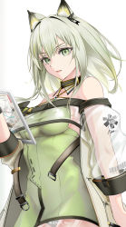 Rule 34 | 1girl, absurdres, animal ear fluff, animal ears, arknights, bare shoulders, breasts, cat ears, choker, dress, green dress, green eyes, green hair, hair between eyes, highres, holding, holding stylus, holding tablet pc, jacket, kal&#039;tsit (arknights), long hair, looking at viewer, medium breasts, off shoulder, open clothes, open jacket, open mouth, see-through, see-through sleeves, sideboob, signature, simple background, solo, star of life, stylus, tablet pc, twitter username, white background, white jacket, yokaze (yokajie)