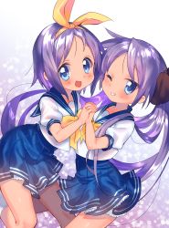 Rule 34 | 2girls, :d, blue eyes, blue sailor collar, blue skirt, blush, bow, from side, hair bow, hairband, highres, hiiragi kagami, hiiragi tsukasa, holding hands, interlocked fingers, long hair, looking at viewer, lucky star, mozu 1oo, multiple girls, one eye closed, open mouth, parted lips, pleated skirt, puffy short sleeves, puffy sleeves, purple hair, sailor collar, school uniform, serafuku, shirt, short sleeves, siblings, sisters, skirt, smile, twins, twintails, white shirt