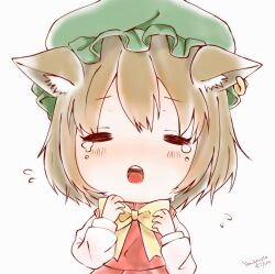 Rule 34 | 1girl, = =, animal ear fluff, animal ears, bow, bowtie, brown hair, cat ears, chen, chibi, closed eyes, commentary request, crying, dress, dtnm3748, earrings, fangs, flying sweatdrops, green hat, hands up, hat, highres, jewelry, light blush, long sleeves, mob cap, open mouth, red dress, short hair, signature, simple background, single earring, solo, tears, teeth, tongue, touhou, white background, yellow bow, yellow bowtie