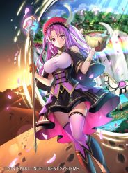 Rule 34 | 1girl, bowl, breasts, company name, copyright name, desert, dress, female focus, fire emblem, fire emblem cipher, hat, holding, holding bowl, holding staff, horse, kousei horiguchi, large breasts, long hair, matching hair/eyes, nintendo, official art, outdoors, parted lips, petals, poe (fire emblem), purple eyes, purple hair, shirt, sky, solo, staff, taut clothes, taut shirt, thighhighs