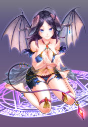 Rule 34 | 1girl, absurdres, anklet, barefoot, bikini, black hair, blue eyes, breasts, cleavage, collarbone, cupping hands, demon girl, demon wings, gradient background, highres, horns, houboku, jewelry, large breasts, long hair, magic circle, nail polish, navel, own hands together, pendant, sitting, smile, solo, swimsuit, tail, toenail polish, toenails, wariza, wings