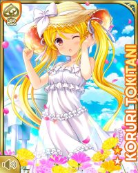 Rule 34 | 1girl, :o, bare shoulders, blonde hair, bow, brown headwear, card (medium), day, dress, earrings, flower, girlfriend (kari), hair ribbon, jewelry, long hair, looking at viewer, official art, one eye closed, open mouth, outdoors, pink flower, qp:flapper, ribbon, solo, tokitani koruri, twintails, white bow, white dress, wicker hat, yellow flower