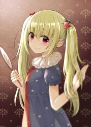 Rule 34 | 1girl, alternate hairstyle, american flag dress, blonde hair, blurry, closed mouth, clownpiece, depth of field, hair ornament, highres, holding, holding mirror, long hair, looking at viewer, mimoto (aszxdfcv), mirror, neck ruff, red eyes, short sleeves, smile, solo, star (symbol), star hair ornament, star print, striped, touhou, twintails, upper body