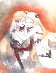 Rule 34 | 10s, 2girls, abyssal ship, aircraft carrier princess, airfield princess, cuddling, closed eyes, fujikazura, highres, hug, kantai collection, long hair, multiple girls, off shoulder, one eye closed, open mouth, pale skin, red eyes, signature, smile, torn clothes, traditional media, white hair