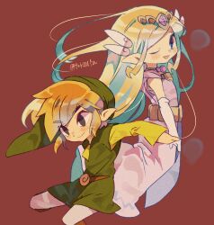 Rule 34 | 1boy, 1girl, artist name, blue eyes, commentary, dress, gloves, green tunic, hat, highres, link, looking at viewer, nintendo, pink dress, pointy ears, princess zelda, short hair, simple background, smile, the legend of zelda, the legend of zelda: spirit tracks, tokuura, toon link, toon zelda, tunic, white gloves