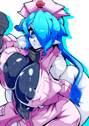 Rule 34 | 1girl, bare shoulders, black gloves, blue eyes, blue hair, breast hold, breasts, covered erect nipples, covered navel, cross, detached sleeves, gloves, hair over one eye, hat, huge breasts, kamen no hito, leotard, long hair, matching hair/eyes, monster girl, nurse cap, original, pale skin, pointy ears, red cross, skin tight, smile, solo, tail, tentacle hair
