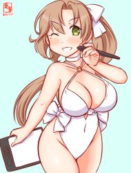 Rule 34 | akigumo (kancolle), alternate breast size, alternate costume, artist logo, blue background, blush, breasts, brown hair, casual one-piece swimsuit, choker, cosplay, cowboy shot, dated, drawing tablet, frilled one-piece swimsuit, frilled swimsuit, frills, green background, green eyes, hair ribbon, highleg, highleg swimsuit, holding, holding stylus, kanon (kurogane knights), kantai collection, large breasts, long hair, mole, mole under eye, one-hour drawing challenge, one-piece swimsuit, one eye closed, ponytail, ribbon, sagiri (kancolle), sagiri (kancolle) (cosplay), side-tie swimsuit, simple background, stylus, swimsuit, white choker, white one-piece swimsuit