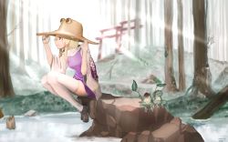 Rule 34 | 1girl, arms up, artist name, blonde hair, blurry, brown footwear, commentary request, dated, day, depth of field, dress, forest, frog, from side, hand on headwear, hat, high collar, highres, light rays, light smile, long sleeves, looking to the side, moriya suwako, nature, outdoors, pinafore dress, profile, purple dress, rock, scenery, shirt, short hair, sidelocks, sitting, sitting on rock, sleeveless, sleeveless dress, solo, sunbeam, sunlight, taisan, thighhighs, torii, touhou, wet hat, white shirt, white thighhighs, wide sleeves