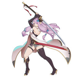 Rule 34 | 1girl, absurdres, arms up, asymmetrical footwear, asymmetrical gloves, bare shoulders, belt, belt buckle, black dress, blue hair, boots, braid, breasts, buckle, draph, dress, elbow gloves, fighting stance, fingerless gloves, full body, gloves, granblue fantasy, hair ornament, hair over one eye, high heel boots, high heels, highres, holding, holding sword, holding weapon, hyperbudd, katana, knee boots, large breasts, long hair, mismatched gloves, narmaya (granblue fantasy), parted lips, pointy ears, purple hair, sheath, short dress, side braid, sideboob, single fingerless glove, single knee boot, single thigh boot, solo, standing, sword, tassel, thigh boots, thigh strap, thighhighs, uneven footwear, unsheathed, very long hair, weapon