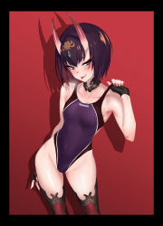 Rule 34 | 1girl, absurdres, black border, black gloves, black one-piece swimsuit, black thighhighs, blush, bob cut, border, breasts, collarbone, competition swimsuit, covered navel, detached collar, eyeliner, fang, fate/grand order, fate (series), fingerless gloves, gloves, headpiece, highleg, highleg swimsuit, highres, hip focus, horns, looking at viewer, makeup, nail polish, one-piece swimsuit, open mouth, pink nails, purple eyes, purple hair, purple one-piece swimsuit, red background, shadow, short eyebrows, short hair, shuten douji (fate), simple background, skin-covered horns, small breasts, smile, solo, strap pull, swimsuit, thighhighs, thighs, tongue, tongue out, two-tone swimsuit, ulrich (tagaragakuin)