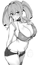 Rule 34 | 1girl, arm behind back, azur lane, bare shoulders, bikini, black collar, black shorts, blush, breasts, bremerton (azur lane), cleavage, collar, collarbone, cowboy shot, cutoffs, ear piercing, front-tie bikini top, front-tie top, greyscale, grin, groin, hair between eyes, hair intakes, hand on own chest, highres, hotate-chan, large breasts, lifebuoy ornament, long hair, looking at viewer, manjuu (azur lane), mole, mole on breast, mole under eye, monochrome, multicolored hair, nail polish, navel, navel piercing, piercing, short shorts, shorts, sidelocks, simple background, skindentation, smile, solo focus, standing, stomach, streaked hair, swimsuit, teeth, thighhighs, twintails, two-tone hair, white background