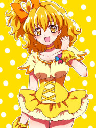 Rule 34 | 1girl, :d, bow, breasts, choker, collarbone, cure pine, dress, earrings, fresh precure!, hair bow, hair ornament, heart, heart earrings, heart hair ornament, high ponytail, jewelry, kagami chihiro, looking at viewer, magical girl, medium breasts, open mouth, orange choker, orange hair, polka dot, polka dot background, precure, shiny skin, short dress, short hair, short sleeves, side ponytail, smile, solo, two-tone background, wrist cuffs, yamabuki inori, yellow background