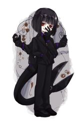 Rule 34 | 1boy, antenna hair, black footwear, black gloves, black hair, black pants, black suit, black tail, blunt bangs, bob cut, chibi, colored skin, covering own mouth, extra arms, flower, formal, funamusea, gloves, hand over own mouth, highres, pants, poison bugs, red eyes, sharp teeth, short hair, smile, solo, sparkle, star (sky), suit, tail, teeth, transparent background, tsumuri (funamusea), urusai nu, white skin