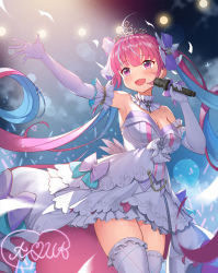 Rule 34 | 1girl, :d, ahoge, armpits, bare shoulders, breasts, cleavage, colored inner hair, cowboy shot, detached collar, dress, elbow gloves, frilled dress, frilled thighhighs, frills, gloves, highres, holding, hololive, idol, long hair, medium breasts, microphone, minato aqua, minato aqua (aqua iro super dream), multicolored hair, ohihil, open mouth, outstretched arm, purple eyes, purple hair, signature, sleeveless, sleeveless dress, smile, solo, standing, streaked hair, thighhighs, tiara, twintails, two-tone hair, very long hair, virtual youtuber, white dress, white gloves, white thighhighs, zettai ryouiki