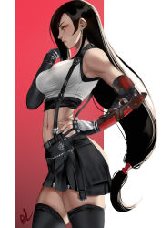 Rule 34 | 1girl, absurdres, arialla draws, artist name, bad anatomy, black hair, black sports bra, black thighhighs, breasts, earrings, elbow gloves, elbow pads, final fantasy, final fantasy vii, final fantasy vii remake, fingerless gloves, gloves, highres, jewelry, large breasts, long hair, looking at viewer, low-tied long hair, midriff, miniskirt, multicolored background, navel, profile, red background, red eyes, skirt, solo, sports bra, suspender skirt, suspenders, tank top, taut clothes, thighhighs, tifa lockhart, white background, white tank top, zettai ryouiki