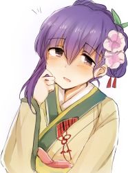 Rule 34 | 1girl, blush, braid, charm (object), eyebrows, fate/stay night, fate (series), flower, french braid, hair flower, hair ornament, hand on own cheek, hand on own face, japanese clothes, jirou (tamaho39), kimono, long sleeves, looking at viewer, matou sakura, purple eyes, purple hair, sidelocks, solo, upper body, wide sleeves
