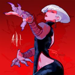 Rule 34 | 1girl, a.k.i. (street fighter), claws, earrings, fighting stance, fingernails, jewelry, lips, red background, sharp fingernails, street fighter, street fighter 6, tagme, the art mage, white hair