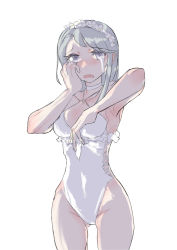 Rule 34 | 1girl, asymmetrical bangs, casual one-piece swimsuit, commentary request, cowboy shot, flower, grey eyes, grey hair, hair flower, hair ornament, hairband, highleg, highleg swimsuit, kantai collection, long hair, looking at viewer, megakura kinshi, official alternate costume, one-piece swimsuit, sagiri (kancolle), simple background, solo, swept bangs, swimsuit, tears, white background