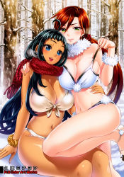 Rule 34 | 2girls, absurdres, action pizazz, bikini, black hair, blue eyes, breasts, cleavage, earrings, green eyes, highres, jewelry, kuon michiyoshi, large breasts, long hair, looking at viewer, multiple girls, navel, one-piece tan, open mouth, orange hair, scrunchie, smile, snow, strap pull, swimsuit, tan, tanline, very long hair, wrist scrunchie