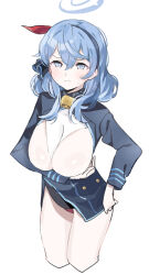 Rule 34 | 1girl, ako (blue archive), bell, between breasts, blue archive, blue eyes, blue hair, blue hairband, blue jacket, breasts, closed mouth, clothes between breasts, cowbell, hair between eyes, hairband, halo, hei (tonarinohey), highres, jacket, large breasts, looking at viewer, medium hair, neck bell, panties, red panties, simple background, solo, underwear, white background