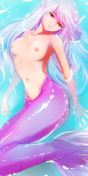 Rule 34 | 1girl, absurdres, breasts, commentary request, commission, completely nude, fins, head fins, highres, long hair, medium breasts, mermaid, monster girl, navel, nipples, nude, original, partially submerged, pink hair, solo, tanaka yutaka, water, yellow eyes