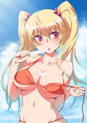 Rule 34 | 1girl, :o, bare shoulders, bikini, bikini pull, blonde hair, blush, breasts, cleavage, clothes pull, food, gradient hair, hair bobbles, hair ornament, hokuto (hokuto pk), large breasts, long hair, melting, messy, multicolored hair, navel, open mouth, orange bikini, original, popsicle, pulling own clothes, red eyes, shiny skin, skindentation, solo, swimsuit, twintails, untied