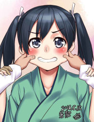 Rule 34 | 10s, 1girl, black eyes, black hair, dated, face stretching, h kasei, hair between eyes, hair intakes, kantai collection, personification, short hair, simple background, solo focus, souryuu (kancolle)