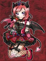 Rule 34 | 1girl, artist name, artist request, asymmetrical wings, bare legs, bare shoulders, beads, black choker, black detached collar, black wings, blush, bracelet, breasts, center frills, choker, cleavage, collarbone, demon girl, demon horns, demon tail, demon wings, dress, female focus, fishnet legwear, fishnets, flower, flower print, frilled dress, frills, full body, garter straps, gloves, hair between eyes, hairband, halloween, heart (symbol), high heels, holding, holding clothes, holding skirt, horns, jewelry, layered dress, lolita fashion, looking at viewer, love live!, love live! school idol festival, love live! school idol project, mismatched wings, nishikino maki, parted bangs, parted lips, pearl bracelet, pink eyes, pink flower, pink gloves, pink rose, pink wings, purple eyes, red flower, red footwear, red gloves, red hair, red rose, red skirt, rose, short hair, skirt, smile, solo, striped clothes, striped gloves, tail, tiara, vertical-striped clothes, vertical-striped gloves, wings