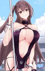 Rule 34 | 1girl, azur lane, bare shoulders, blue sky, breasts, brown eyes, brown hair, cleavage, clothing cutout, collarbone, cowboy shot, criss-cross halter, day, earrings, closed eyes, from below, hair ornament, halterneck, highres, jewelry, large breasts, long hair, looking at viewer, marshall k, navel, navel cutout, one side up, race queen, revealing clothes, simple background, sky, smile, solo, wrist cuffs, yellow eyes, zuikaku (azur lane), zuikaku (the wind&#039;s true name) (azur lane)