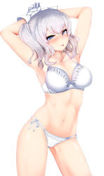 Rule 34 | 10s, 1girl, :p, armpits, arms behind head, arms up, blue eyes, blush, bra, breasts, cleavage, collarbone, contrapposto, curly hair, gloves, kantai collection, kashima (kancolle), large breasts, lingerie, looking at viewer, navel, panties, short hair, side-tie panties, simple background, solo, standing, stomach, tenken (gotannda), tongue, tongue out, two side up, underwear, underwear only, white background, white bra, white gloves, white panties