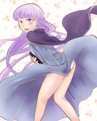 Rule 34 | 1girl, bad id, bad pixiv id, belly chain, blue dress, blush, book, hugging book, cape, cherry, cloak, clothes lift, covering privates, covering ass, dress, dress lift, embarrassed, fire emblem, fire emblem: the binding blade, food, fruit, himaneko, holding, holding book, jewelry, legs, long hair, nintendo, hugging object, open mouth, purple eyes, purple hair, simple background, solo, sophia (fire emblem), sweatdrop, very long hair, wind, wind lift