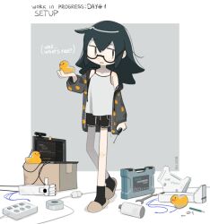 Rule 34 | 1girl, bare shoulders, black shorts, black socks, box, cable, cardboard box, ccg, computer, english text, glasses, green eyes, green hair, highres, laptop, mechanical parts, original, pencil, rubber duck, shirt, shorts, simple background, socks, solo, white shirt