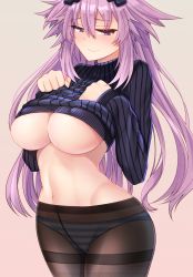 Rule 34 | 1girl, adult neptune, alternate costume, black sweater, blush, breasts, cowboy shot, d-pad, d-pad hair ornament, dura, embarrassed, groin, hair between eyes, hair ornament, hands on own chest, hands up, highres, hip focus, large breasts, long hair, navel, neptune (series), nervous smile, no bra, panties, panties under pantyhose, pantyhose, purple eyes, purple hair, see-through, shin jigen game neptune vii, simple background, smile, solo, striped clothes, striped panties, sweater, thighband pantyhose, underboob, underwear, vertical stripes, very long hair