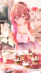 Rule 34 | 1girl, ahoge, apron, blush, breasts, cleavage, cupcake, earrings, food, gold earrings, gradient background, hair ornament, hairpin, heart, heart earrings, heart hair ornament, highres, hololive, hololive dev is, ichijou ririka, jewelry, kitchen, large breasts, long hair, looking at viewer, microwave, orange eyes, orange hair, pink apron, pink hair, ponytail, single earring, solo, tongue, tongue out, unier, valentine, virtual youtuber