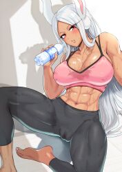 Rule 34 | 1girl, abs, absurdres, animal ears, bare arms, bare shoulders, barefoot, black pants, blush, boku no hero academia, bottle, breasts, cameltoe, cleavage, cleft of venus, collarbone, cup, dark-skinned female, dark skin, feet, harurukan, highres, holding, holding bottle, large breasts, long eyelashes, long hair, looking at viewer, midriff, mirko, muscular, muscular female, nail polish, navel, pants, parted bangs, parted lips, pink nails, pink sports bra, rabbit ears, rabbit girl, red eyes, shadow, sitting, solo, sports bra, sweat, sweaty clothes, thick thighs, thighs, toenail polish, toenails, toes, very long hair, water bottle, white hair, yoga pants